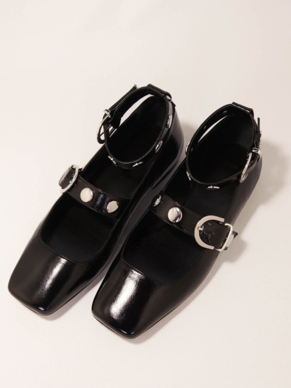 MAJE Studded Patent Leather Mary Jane Flats, Ankle Strap, Black, Size 6.5US
